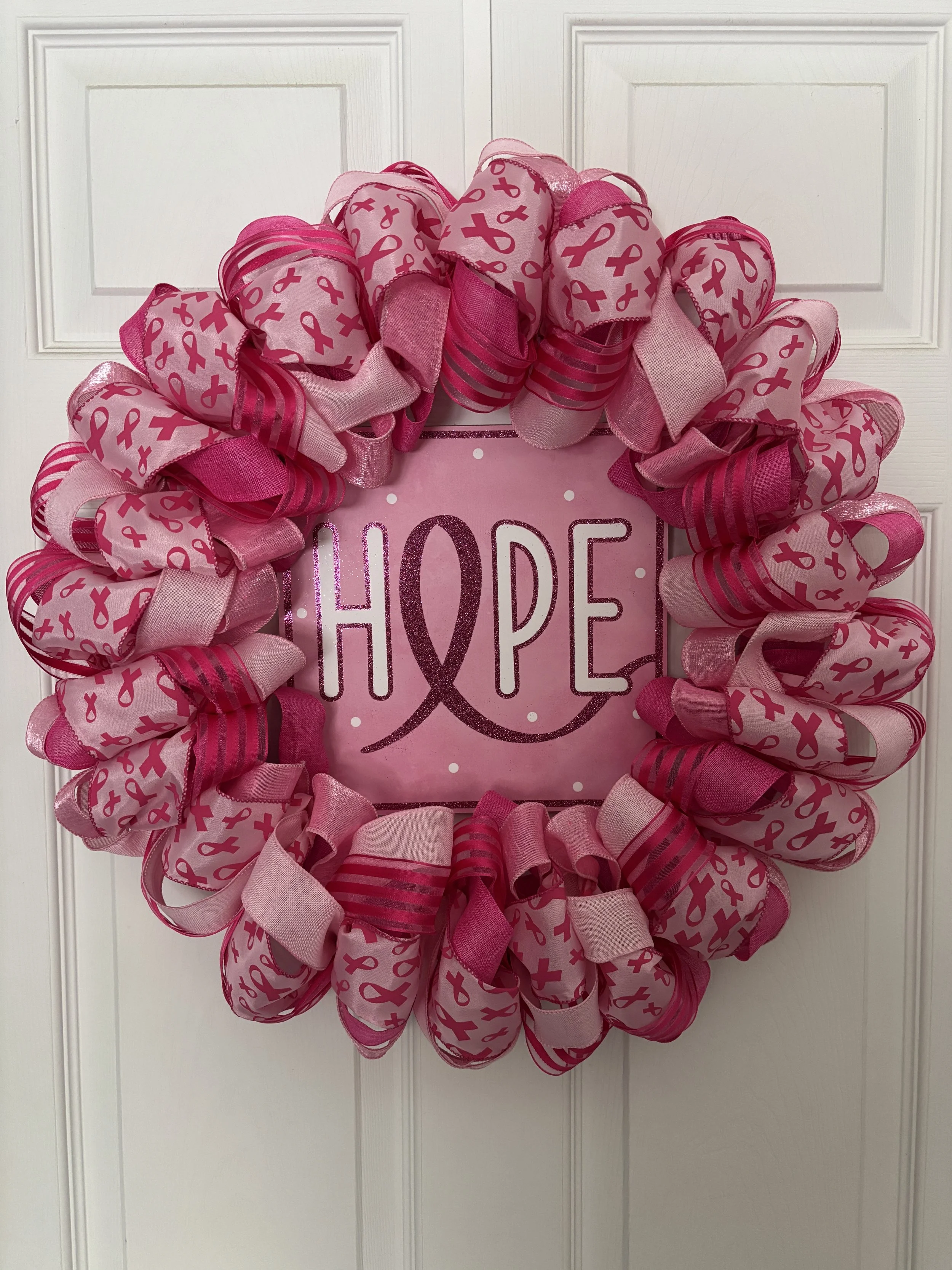 Pink Breast Cancer Hope Ribbon Wreath Front View.JPG