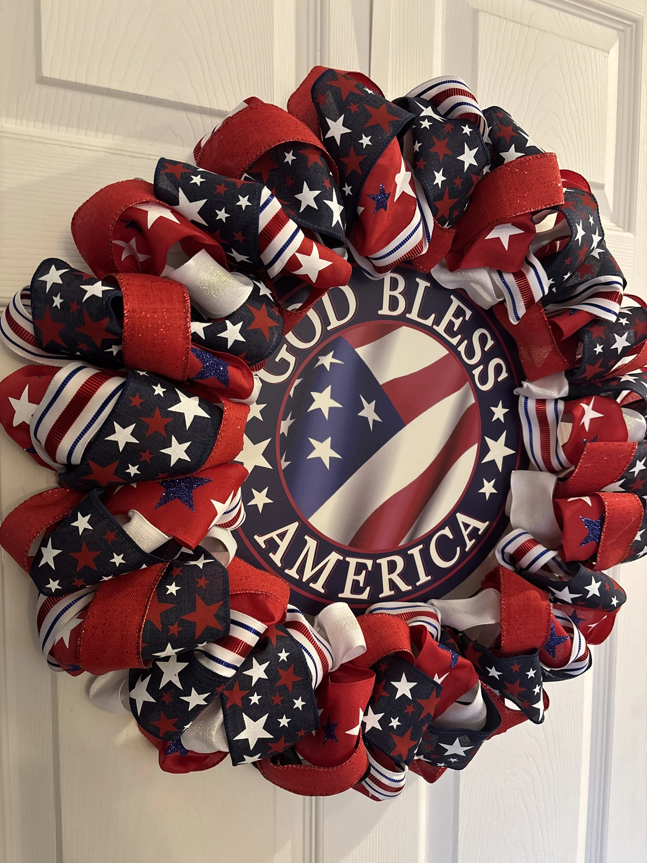 Sparkle Red White and Blue God Bless America Ribbon Wreath Left.JPG
