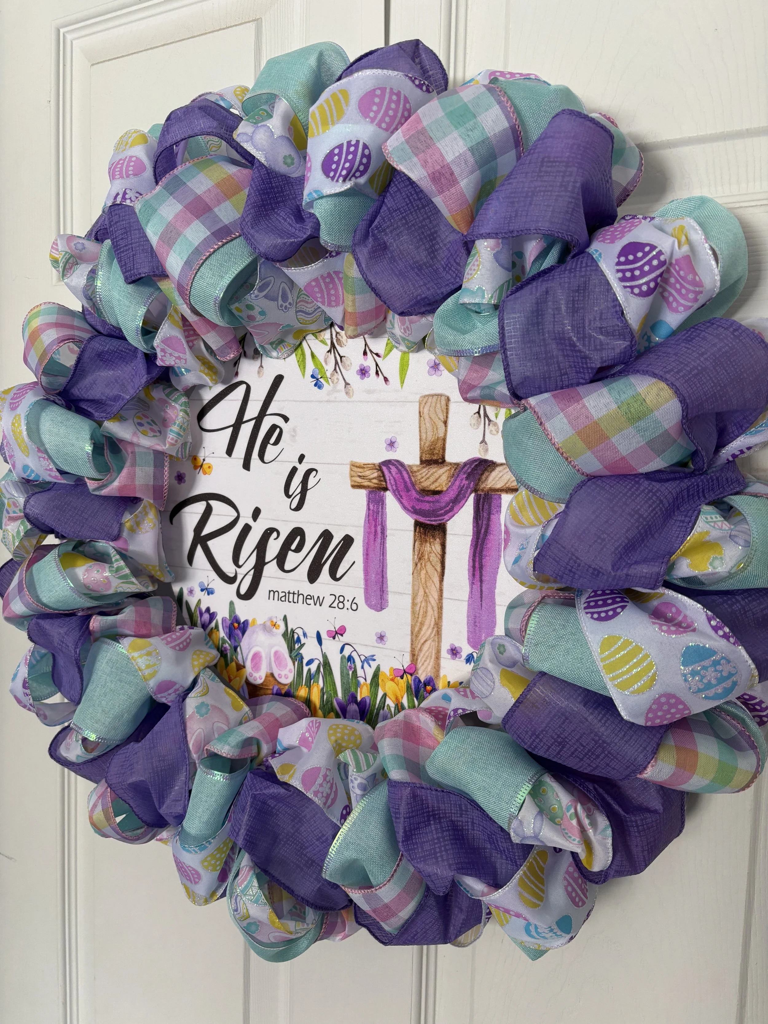 He is Risen Ribbon Wreath with East Eggs Right View.JPG