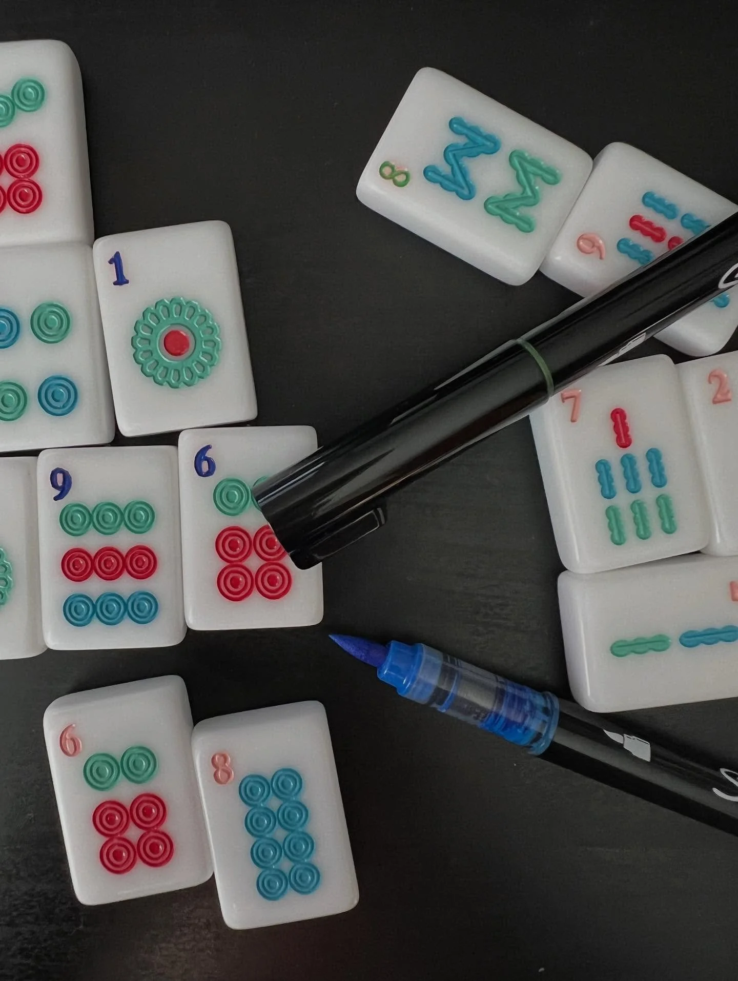 Hot take: I don&rsquo;t care for tiles that use the same color for all numbers across the suits! 🀄️ 

I&rsquo;m using a sharpie paint pen to re-color the numbers for this set. This helps differentiate the suits for new players and is way better for 