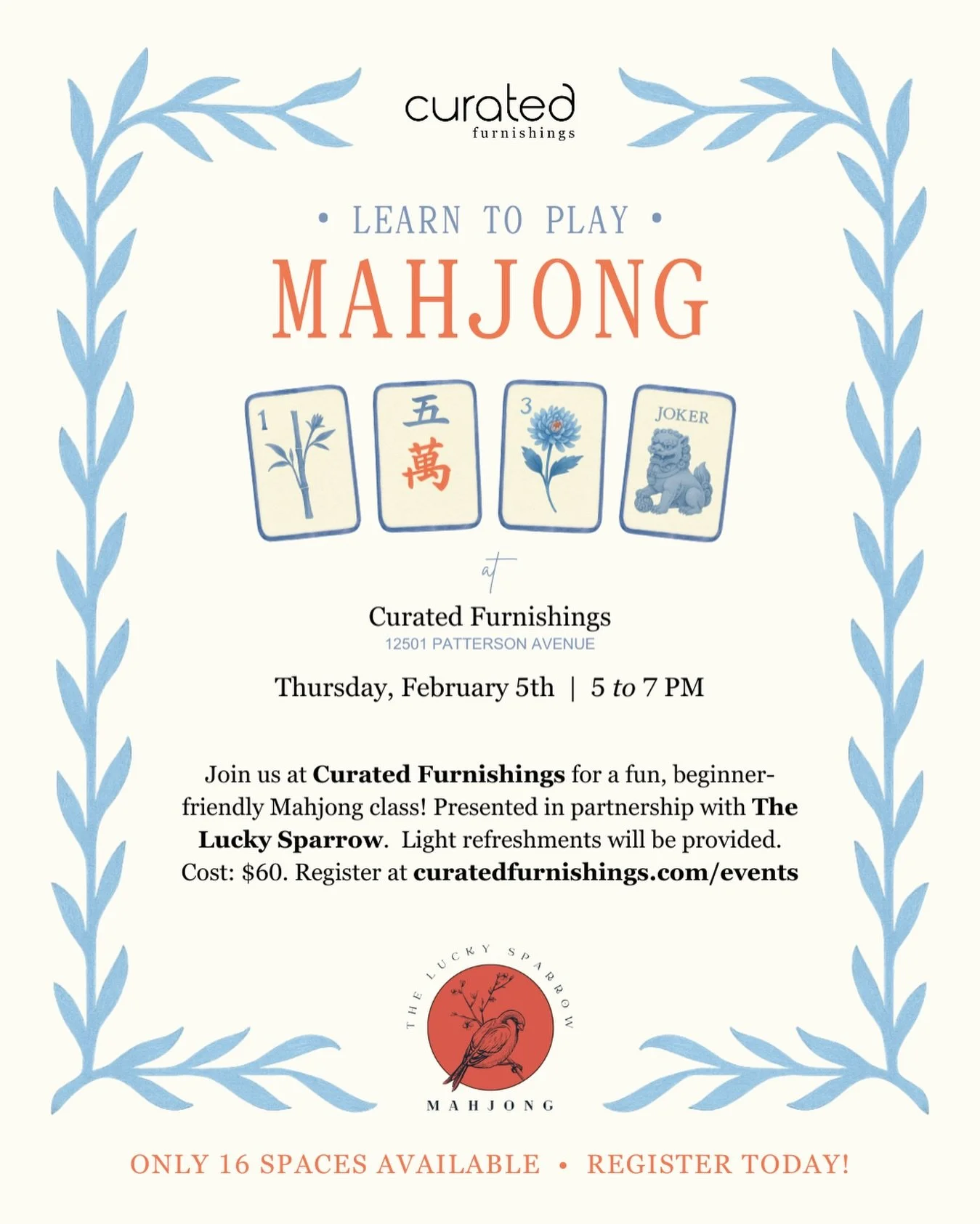 Event announcement! @shopcuratedfurnishings is hosting a beginner Mahjong lesson on Feb 5 with instruction provided by yours truly! Sign up now to save your spot!