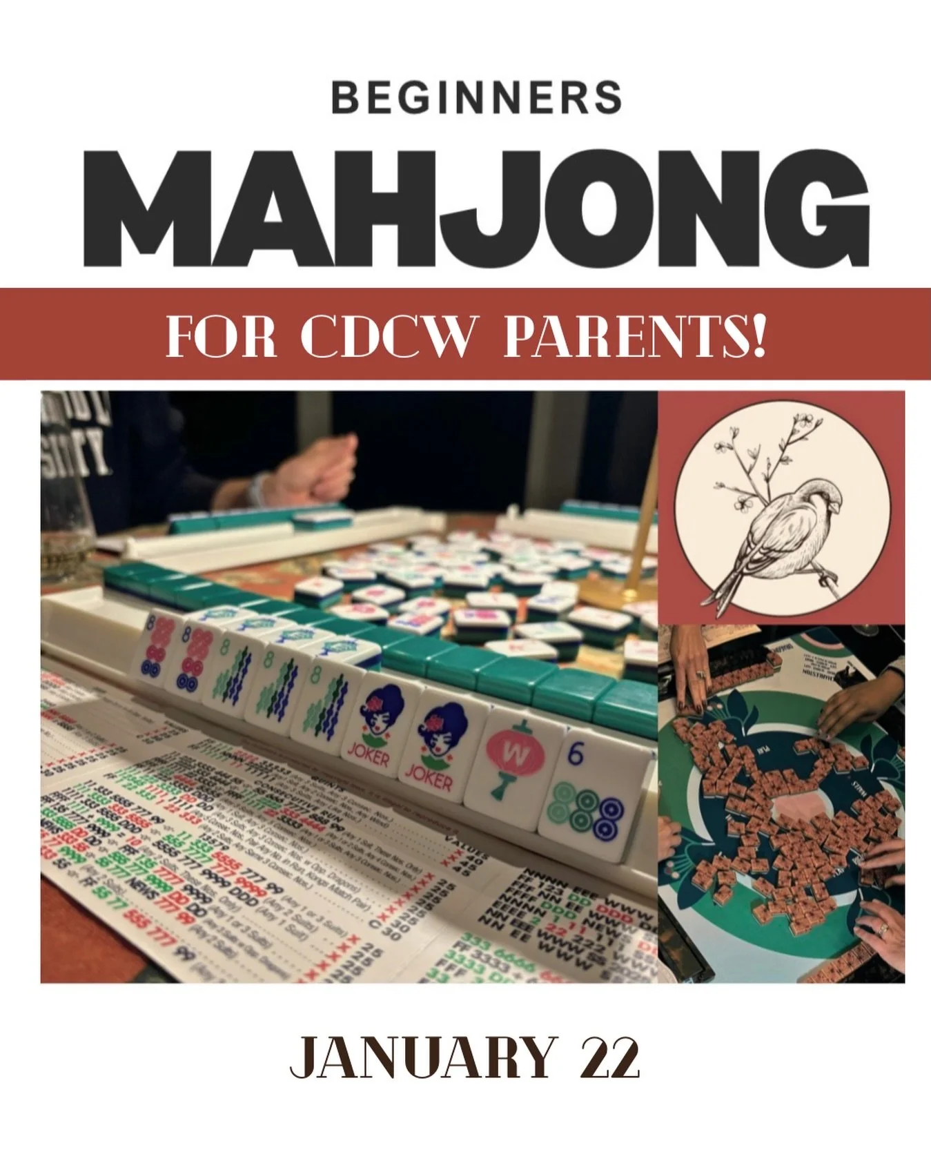 There is still time to join this Thursday's beginner mahjong lesson! DM/email me to reserve your seat! 
Note: this lesson is for CDCW parents only.