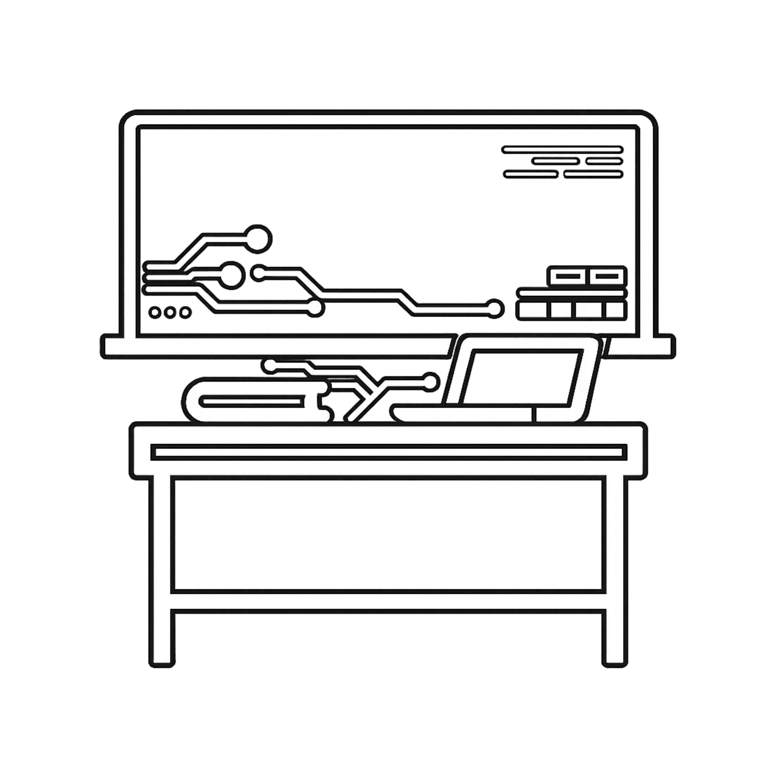 Outline illustration of a computer setup with a desktop monitor, a laptop, a printer, and a keyboard.