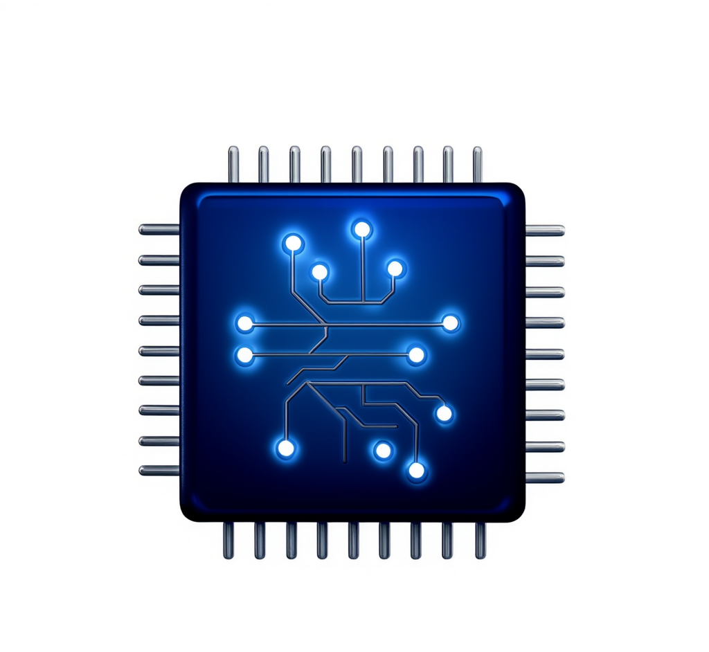 A digital illustration of a microchip with glowing blue circuit lines and nodes on a white background.