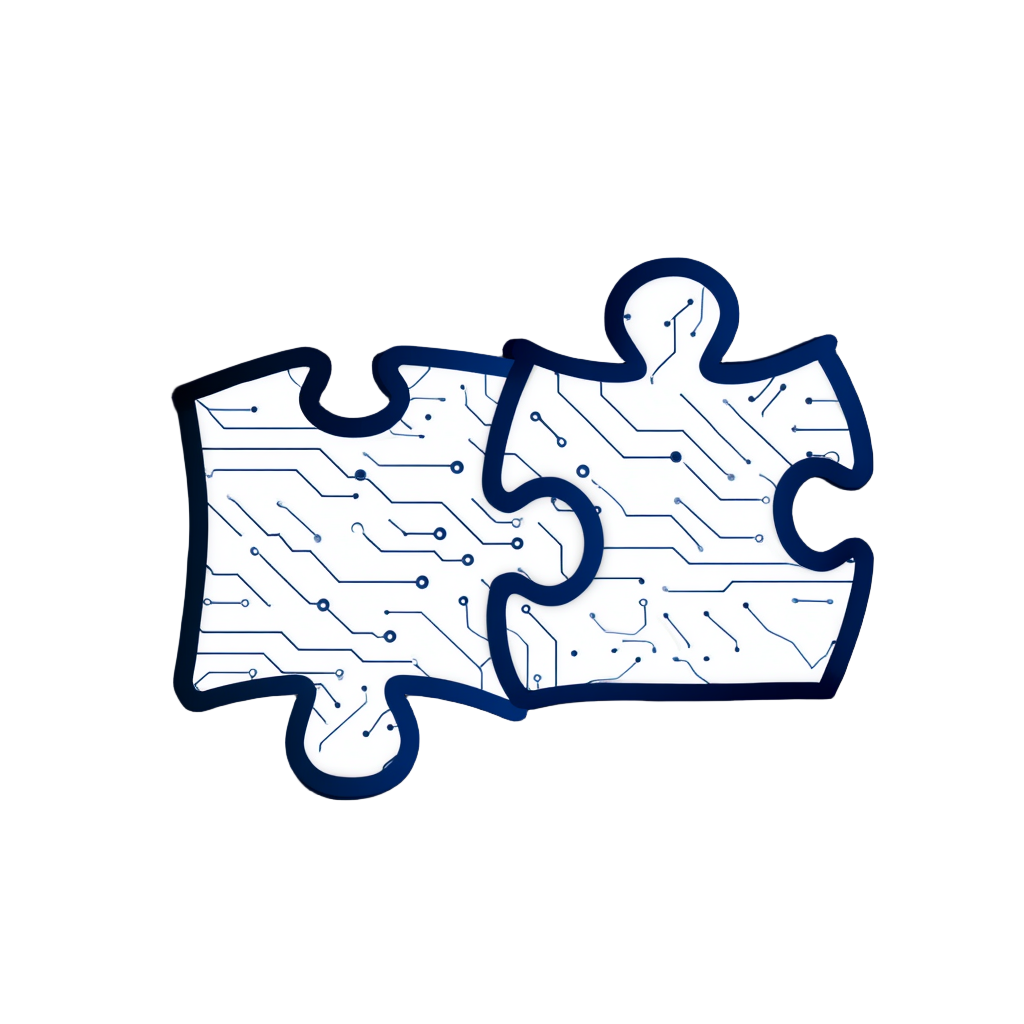 A jigsaw puzzle piece with a circuit board pattern, connected to a partially completed puzzle piece, symbolizing technology or digital connectivity.