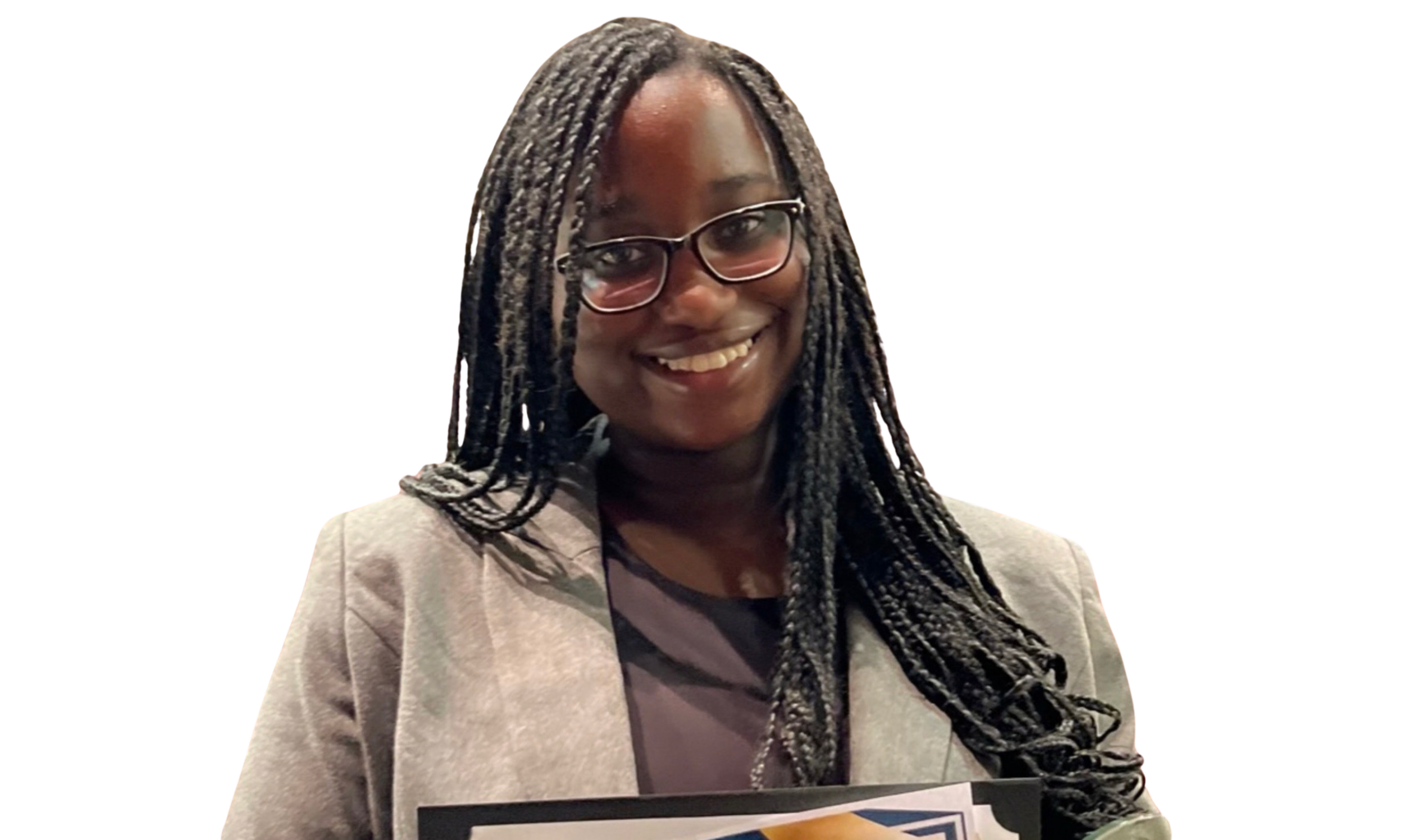 A woman with glasses and braided hair smiling, wearing a blazer and holding a certificate.