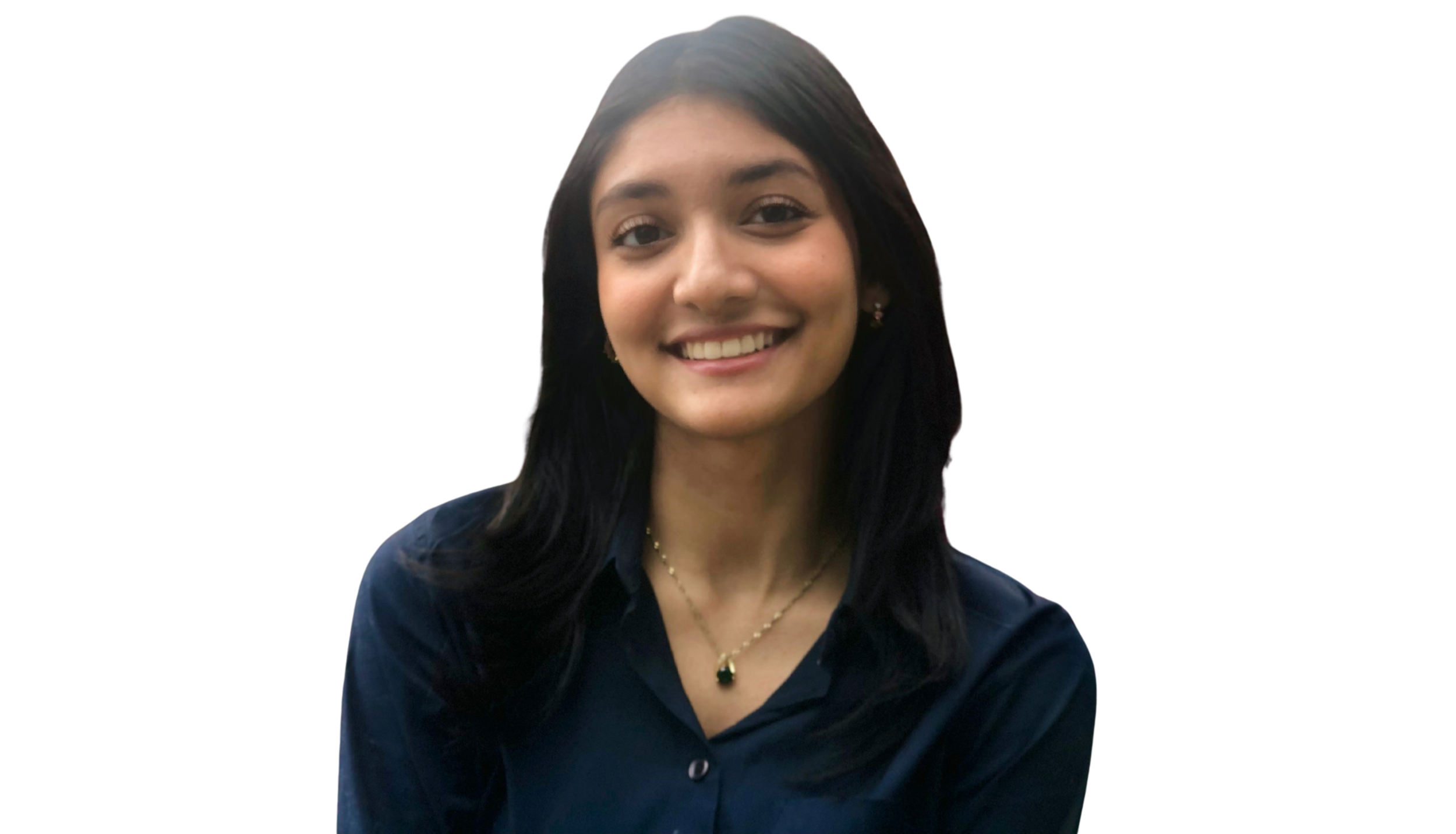 Portrait of a young woman with long dark hair, smiling, wearing a navy blue shirt and gold jewelry, against a black background.