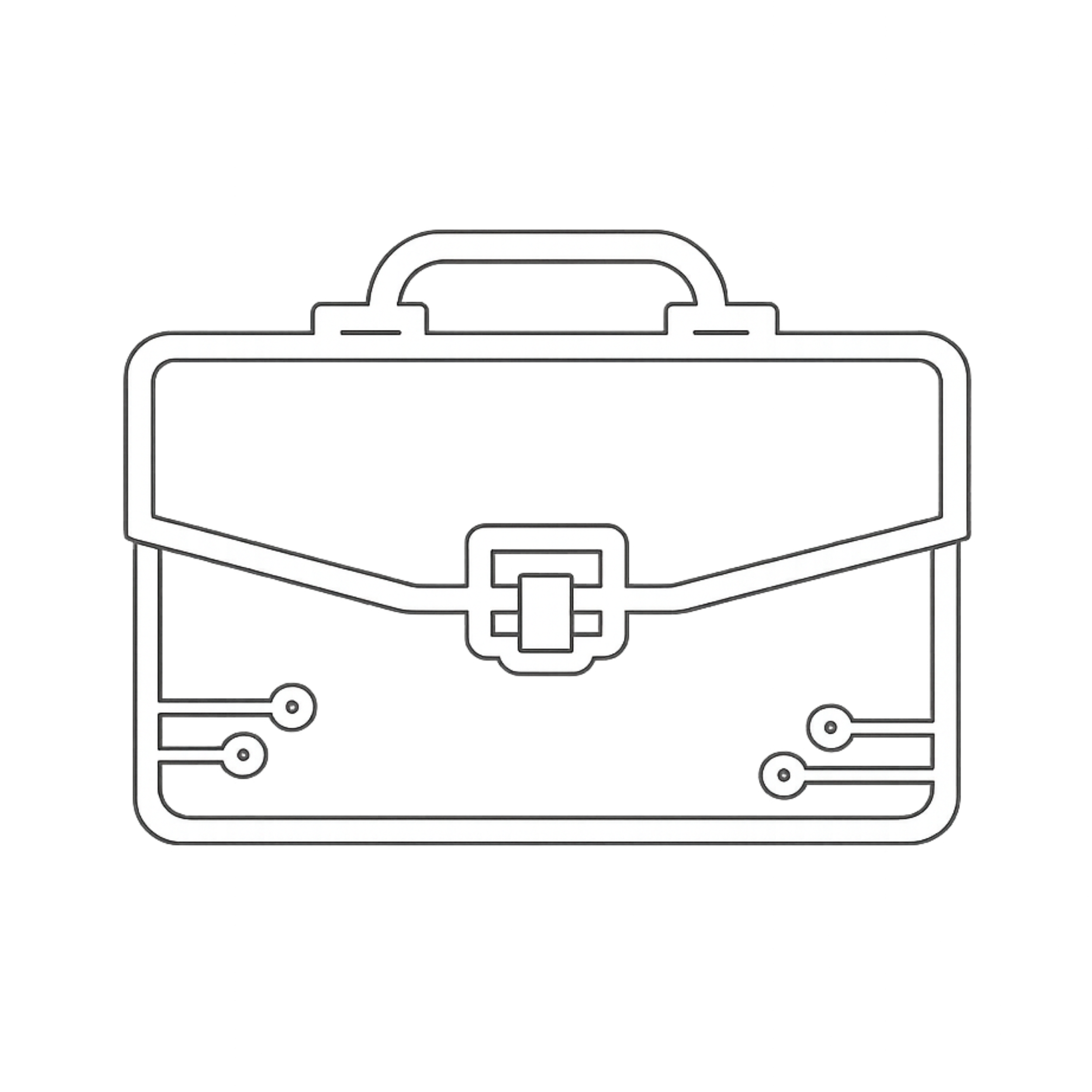 Outline of a briefcase with a handle on top, a buckle in the center, and decorative elements at the bottom corners.