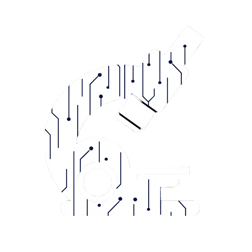 A graphic of the number 6 designed to look like a circuit board, with a microscope integrated into the shape, representing science or technology.
