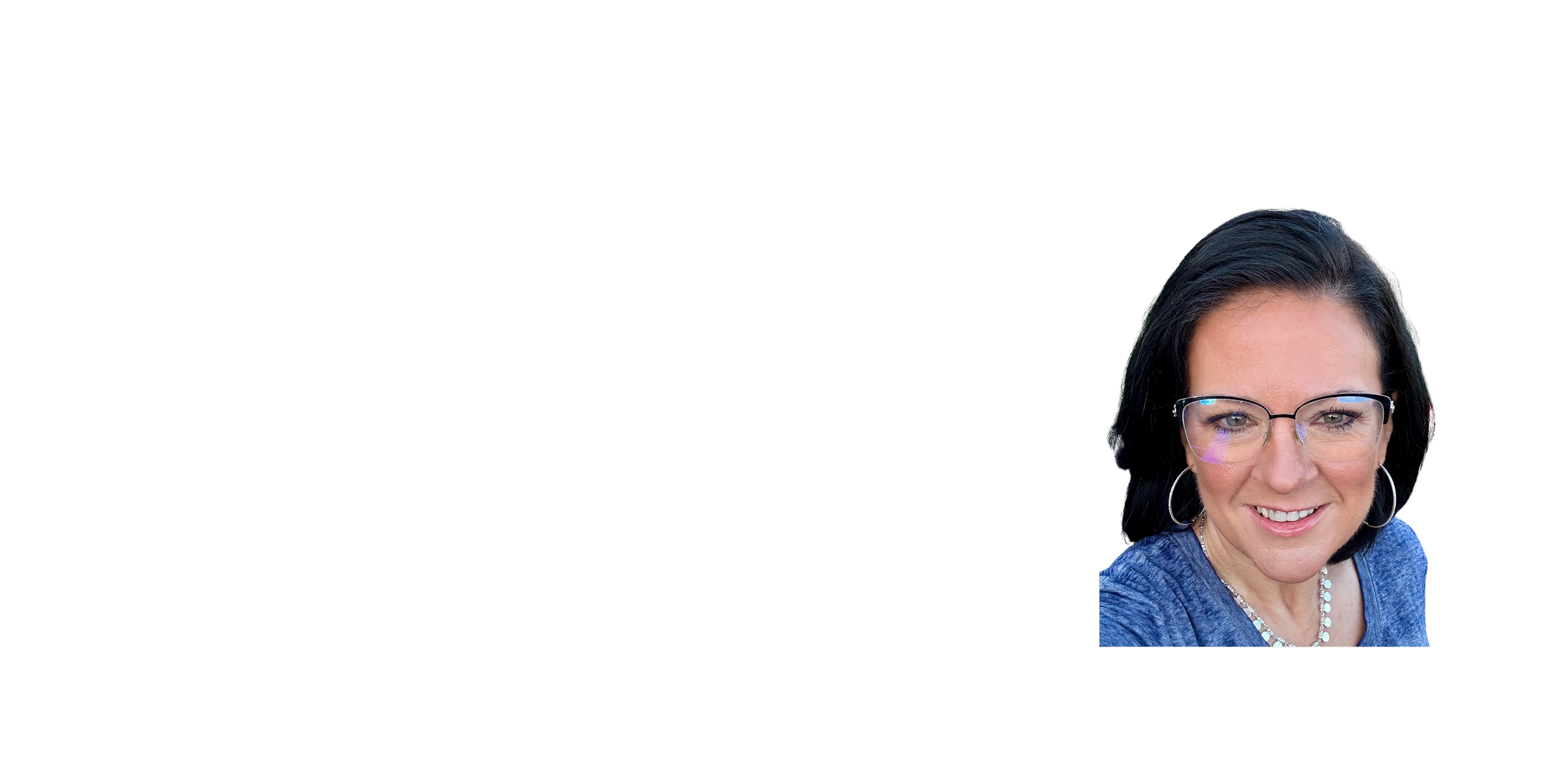 A woman with black hair, glasses, hoop earrings, a pearl necklace, and a blue shirt, smiling at the camera.