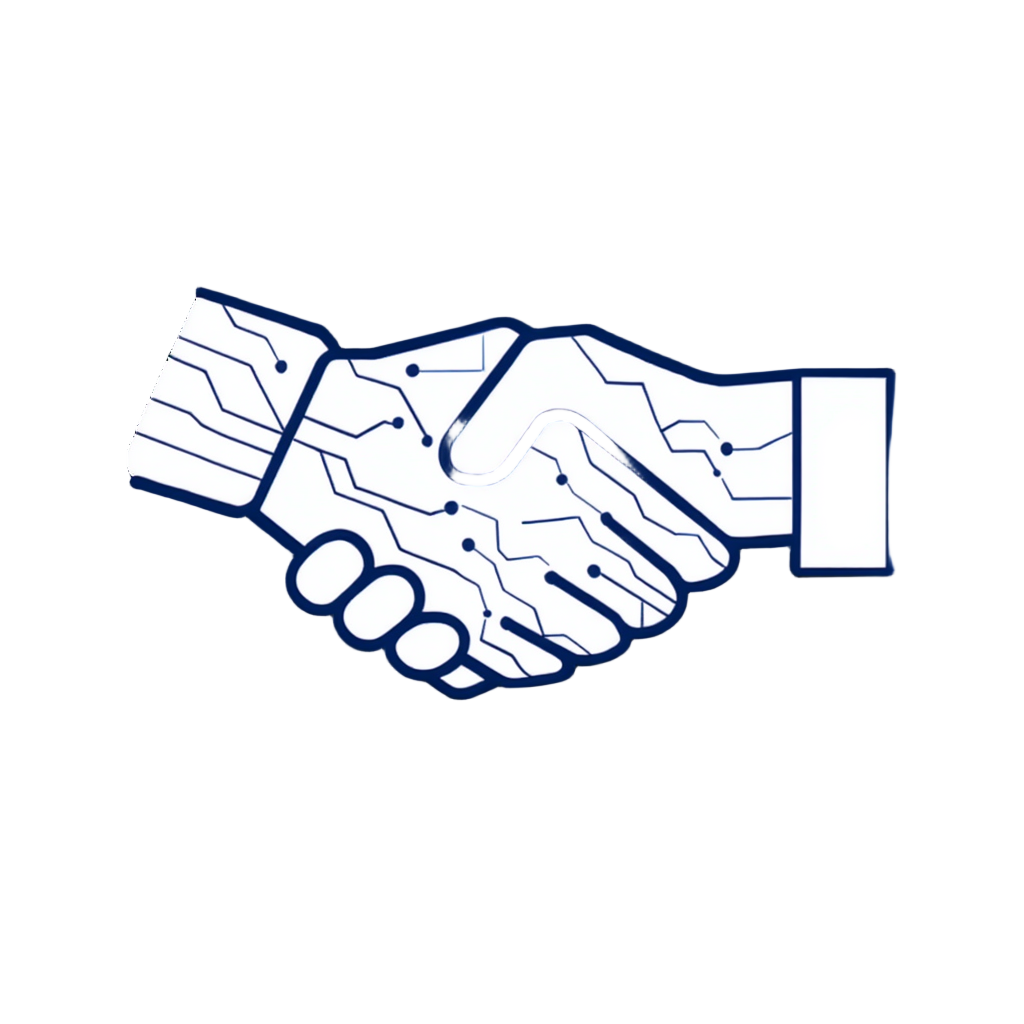 Illustration of a handshake with circuit board pattern over a dark background.
