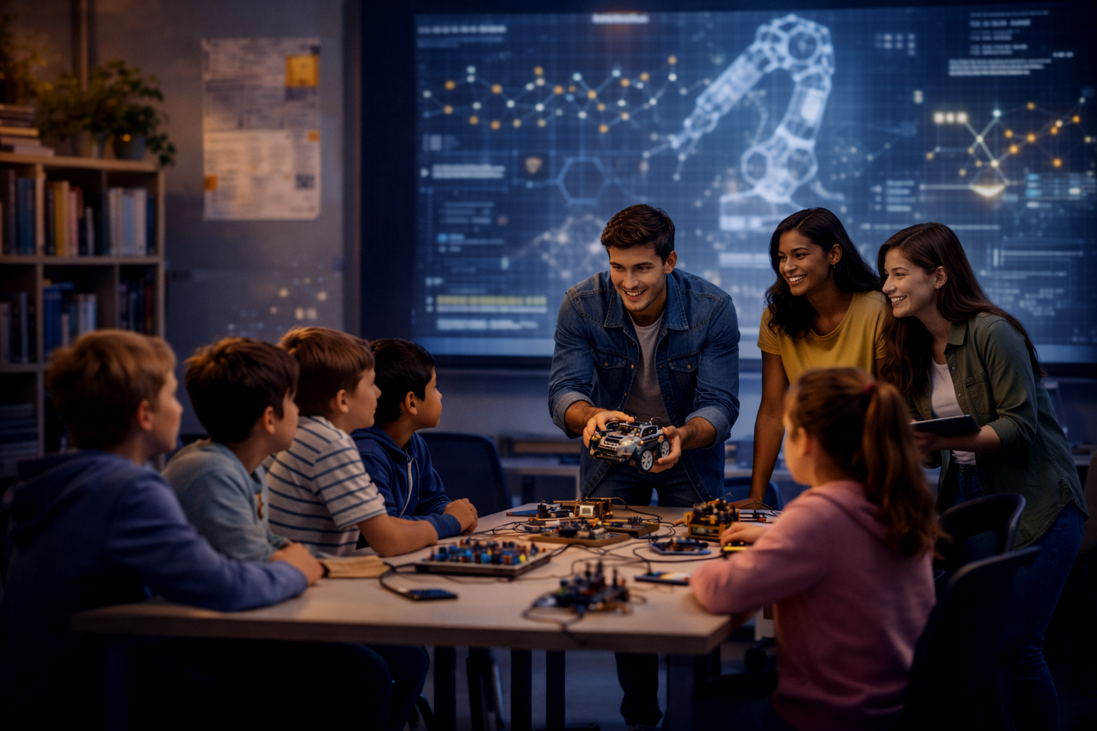 A group of children and young adults in a classroom or workshop learning about robotics, with a digital display of a robotic arm and data in the background.