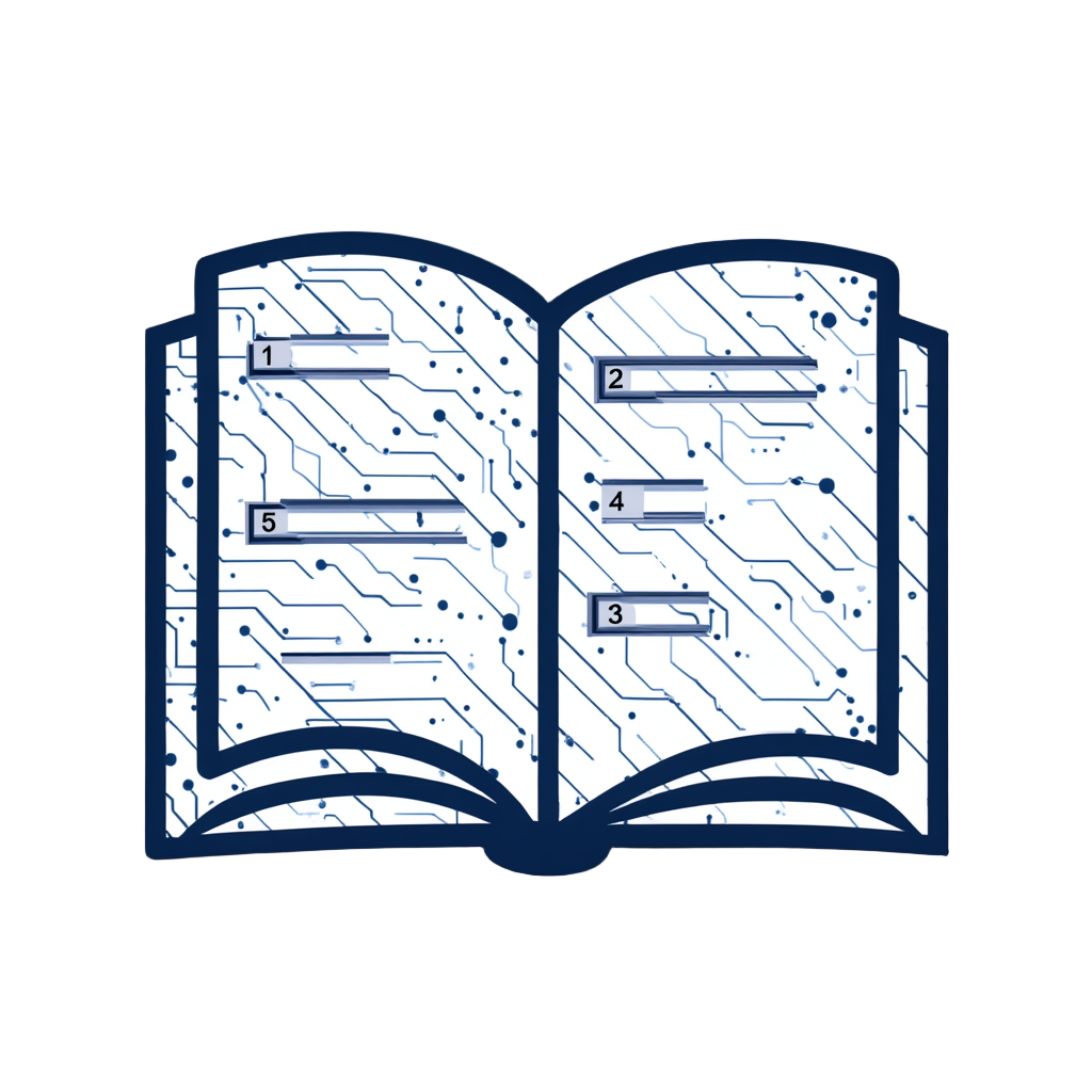 A stylized digital illustration of an open book with circuitry patterns on its pages, labeled with numbers 1 to 5.