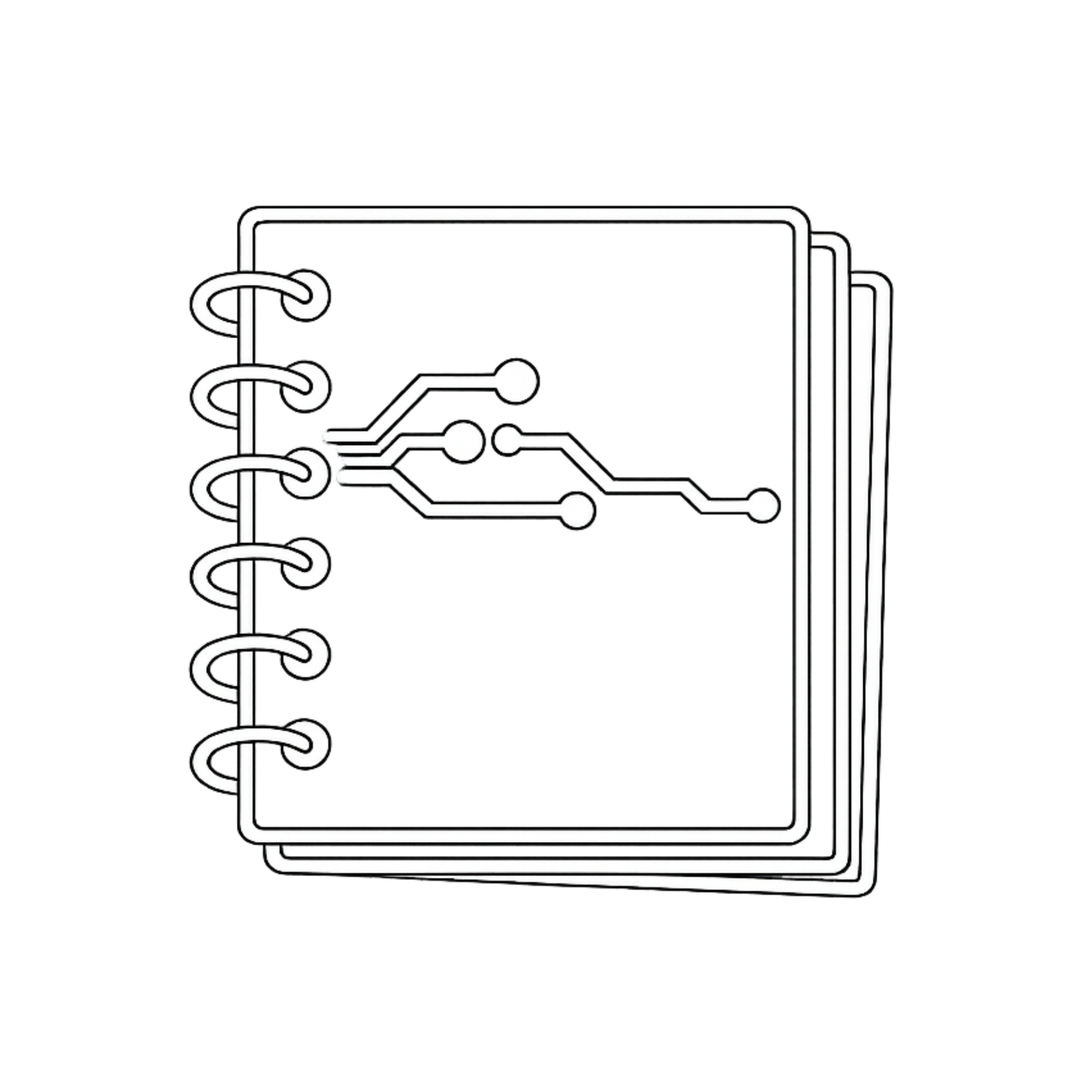 Illustration of a spiral-bound notebook with indecipherable line graphs or data charts inside.