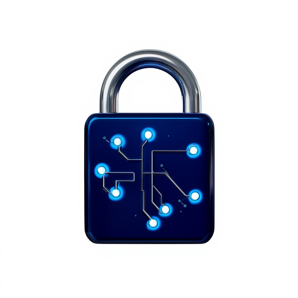Digital illustration of a padlock with a circuit board detail on the front, glowing in blue against a white background.