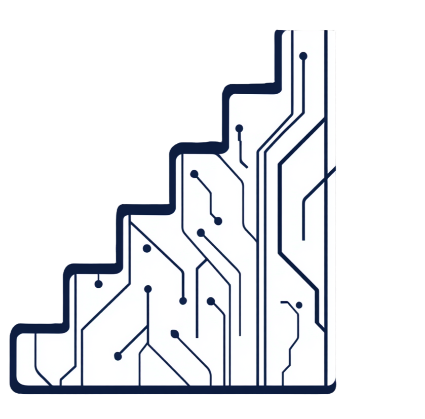 An abstract graphic of a staircase with circuit-like lines and dots, suggesting technology and digital connectivity.