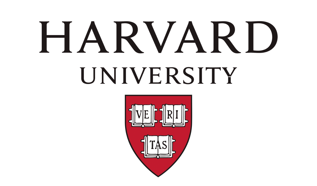 Harvard University logo featuring the university name and shield with open books and the Latin word "Veritas."