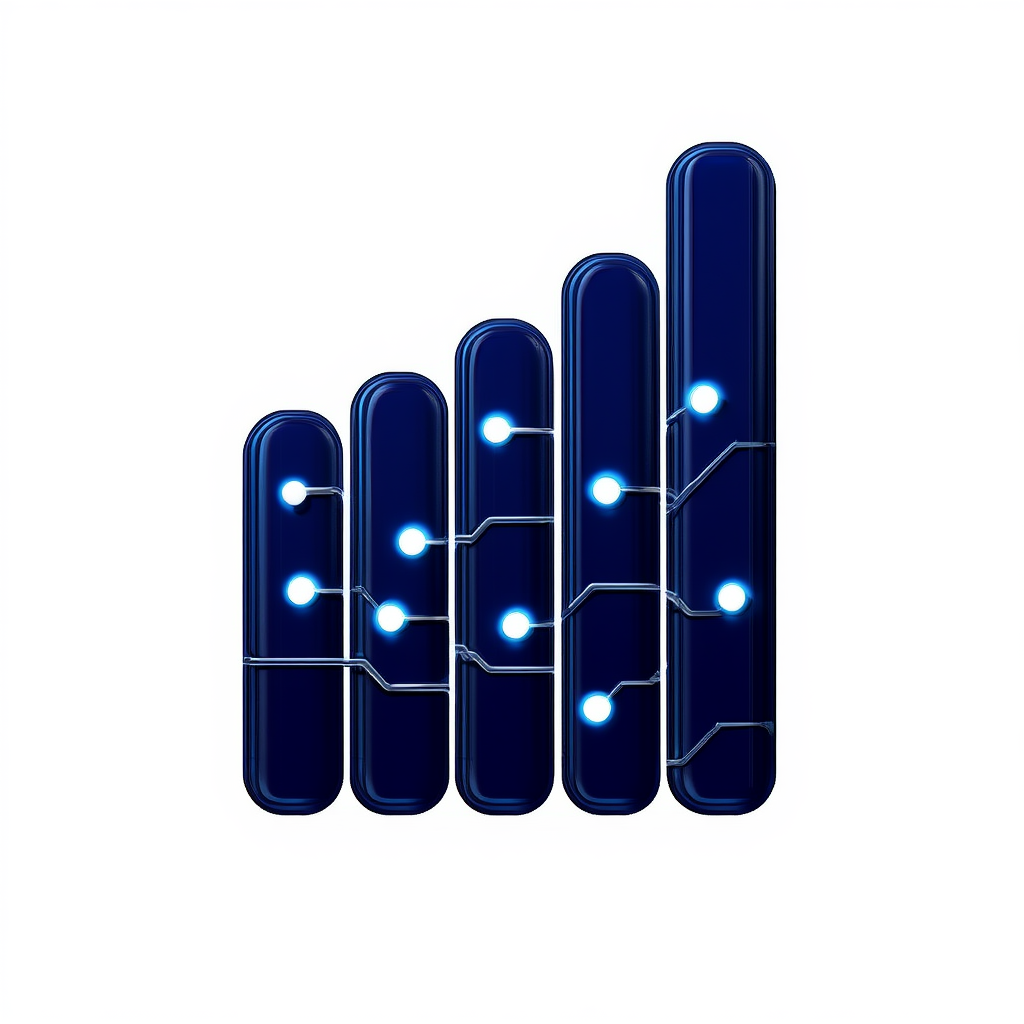 Digital illustration of a bar graph with five bars increasing in height from left to right, featuring interconnected circuit-like lines and glowing blue nodes.