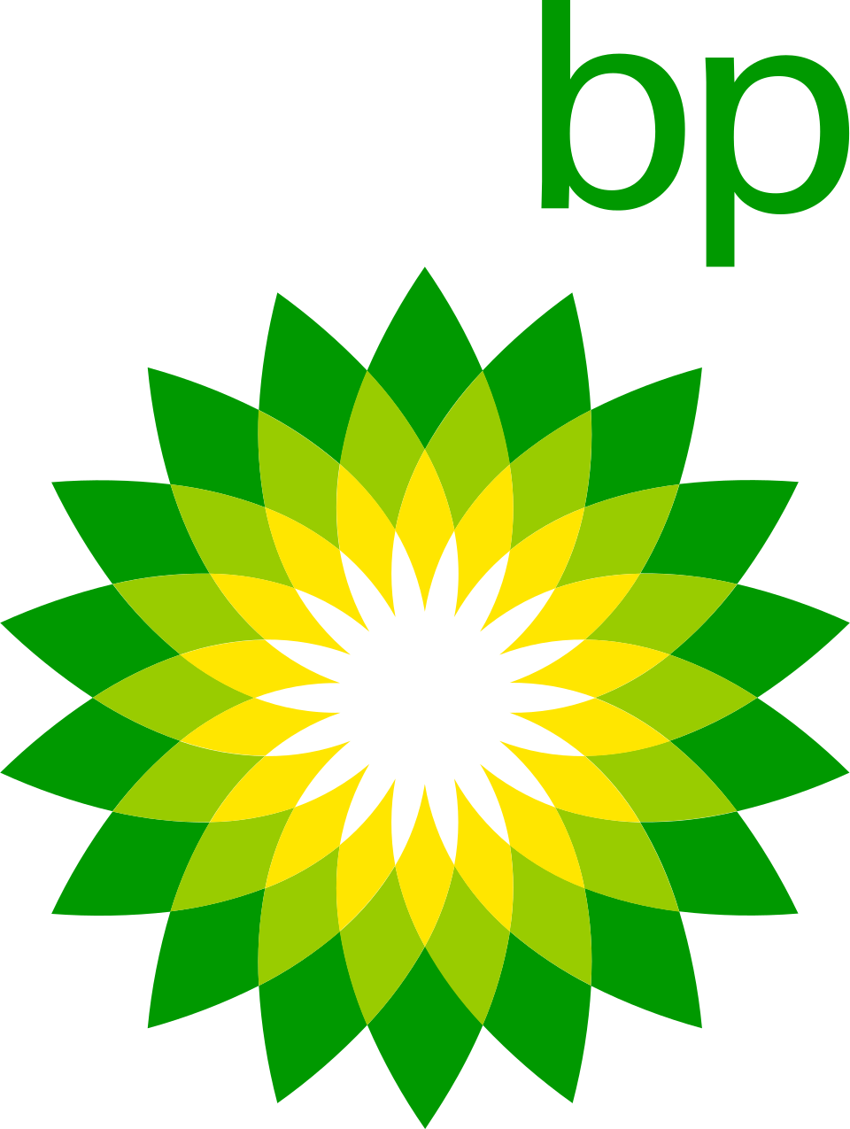 A colorful, symmetrical geometric flower design with green and yellow petals radiating from a white center. The top right corner has the lowercase letters 'bp' in green.