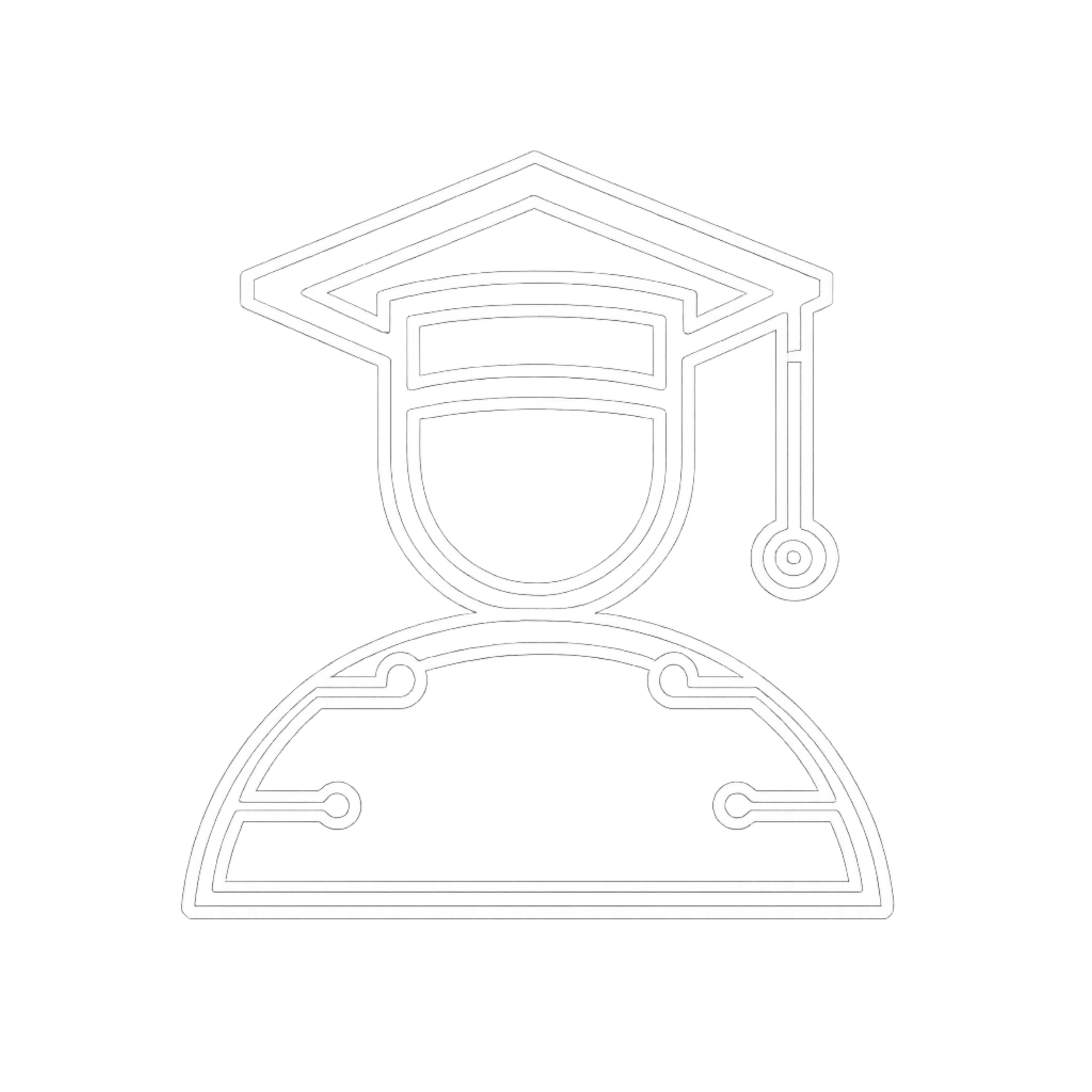 Line drawing of a graduate wearing a cap and gown, scooting forward with a stethoscope around their neck.