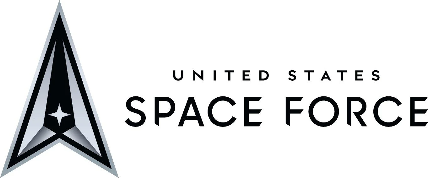United States Space Force logo featuring a black and gray arrowhead with a star and lines, alongside the text 'United States Space Force' in black.
