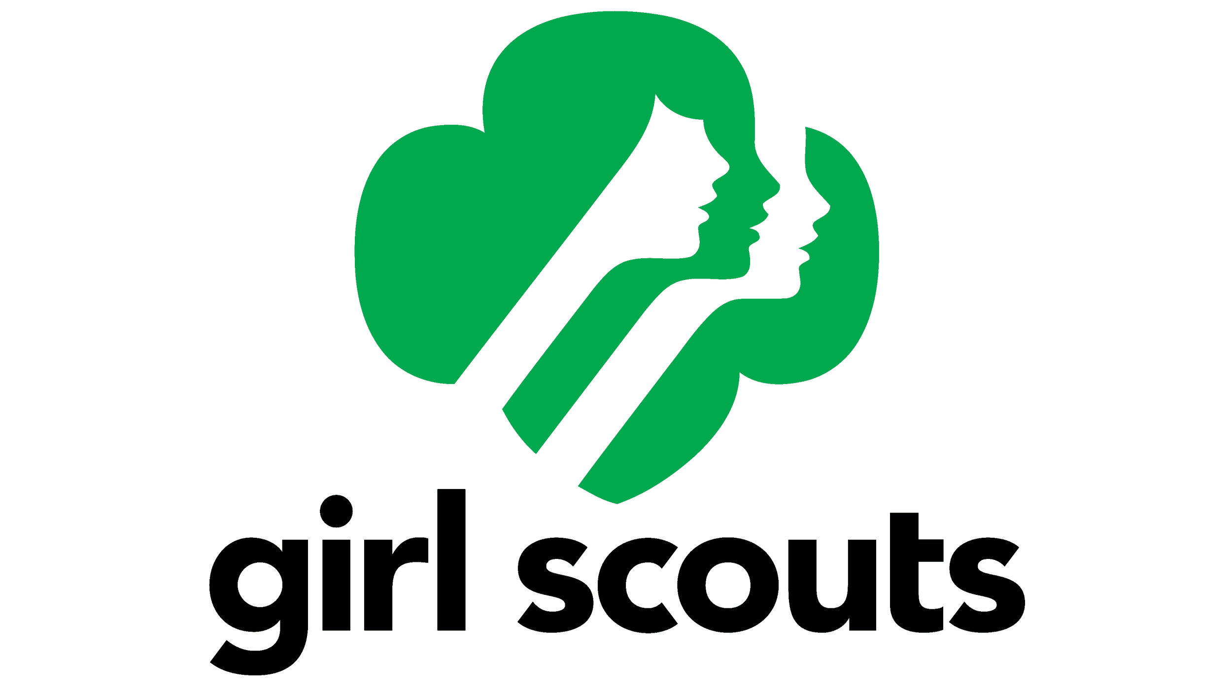 Logo of Girl Scouts featuring three overlapping profile silhouettes of girls in black and a green trefoil in the background. The words "girl scouts" are written below the logo in lowercase black letters.