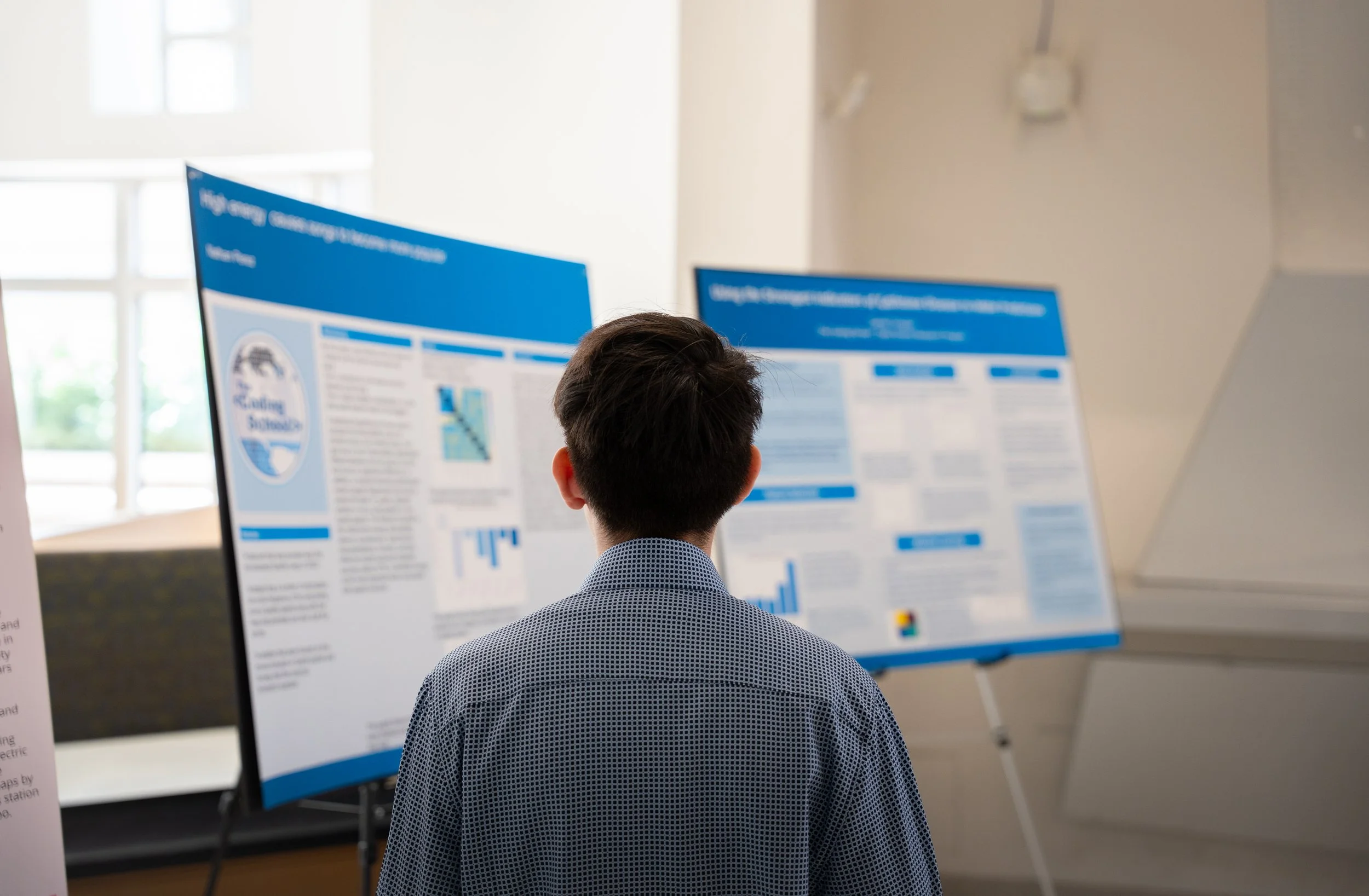 Young man with dark hair in a patterned shirt viewing academic posters at a conference or presentation.