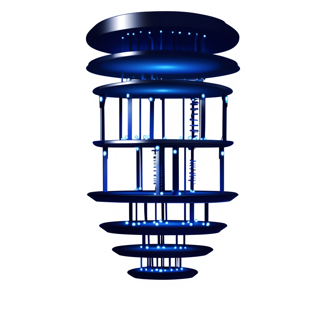 Futuristic blue-lit tower structure with multiple circular platforms connected by vertical supports and ladders.