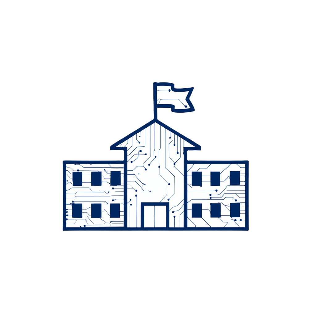 A digital illustration of a building with circuit board patterns, a flag on the roof, and a black background.