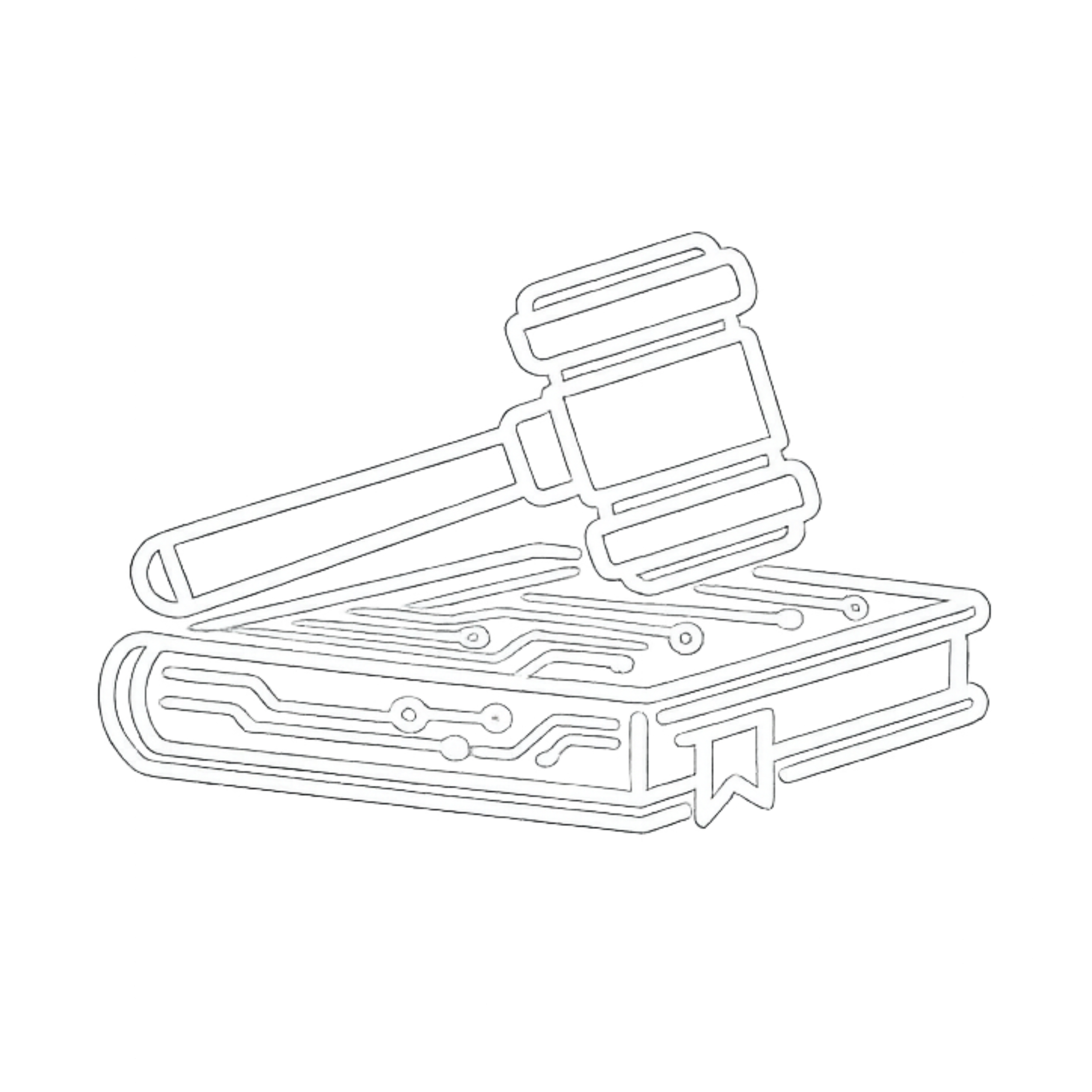 Outline graphic of a gavel and a circuit board, symbolizing legal technology or digital justice.