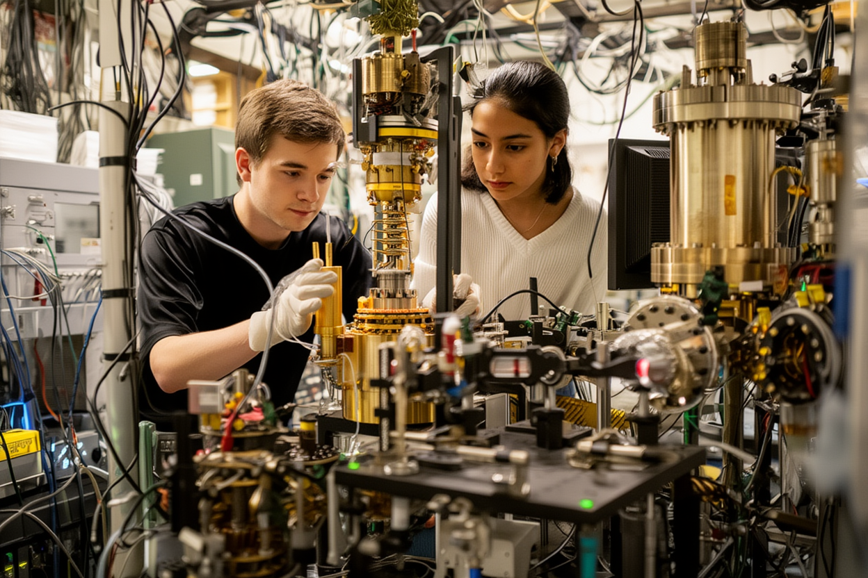 Two researchers working in a laboratory with complex scientific equipment and wiring, focusing on a tall, golden apparatus.