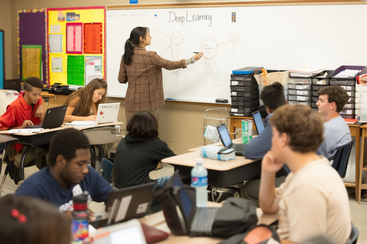 A teacher writing on a whiteboard about deep learning while students are working on laptops in a classroom.
