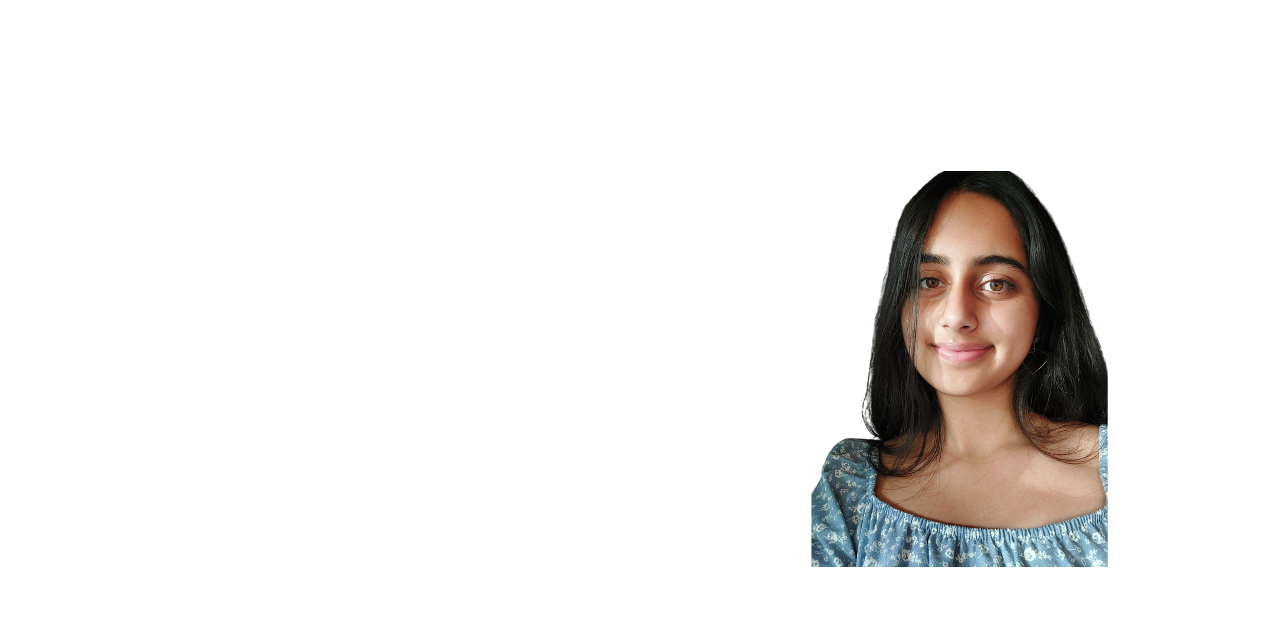 Young woman with dark hair and a gentle smile, wearing a blue patterned top, positioned on the right side of the image with a plain white background.