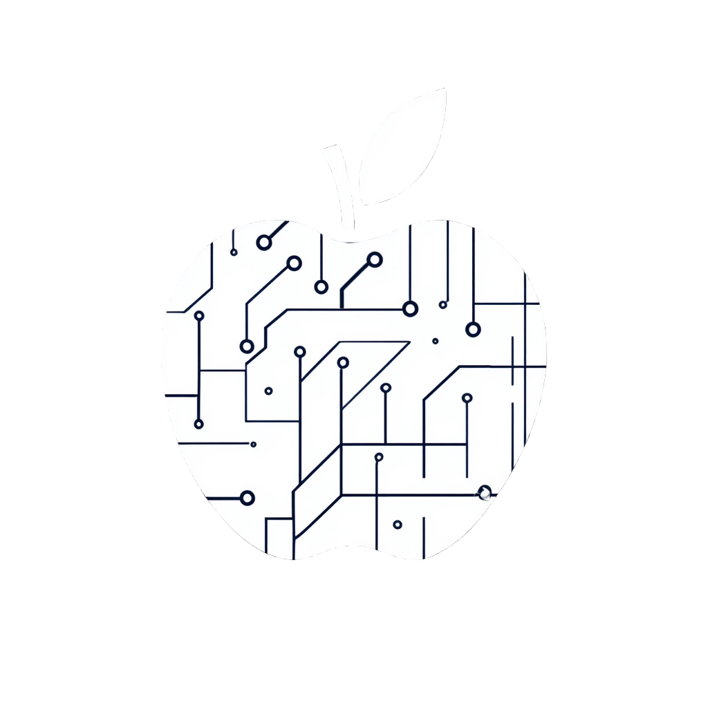 A digital illustration of an apple with a circuit board pattern inside it, placed on a gray surface with a leaf at the top.