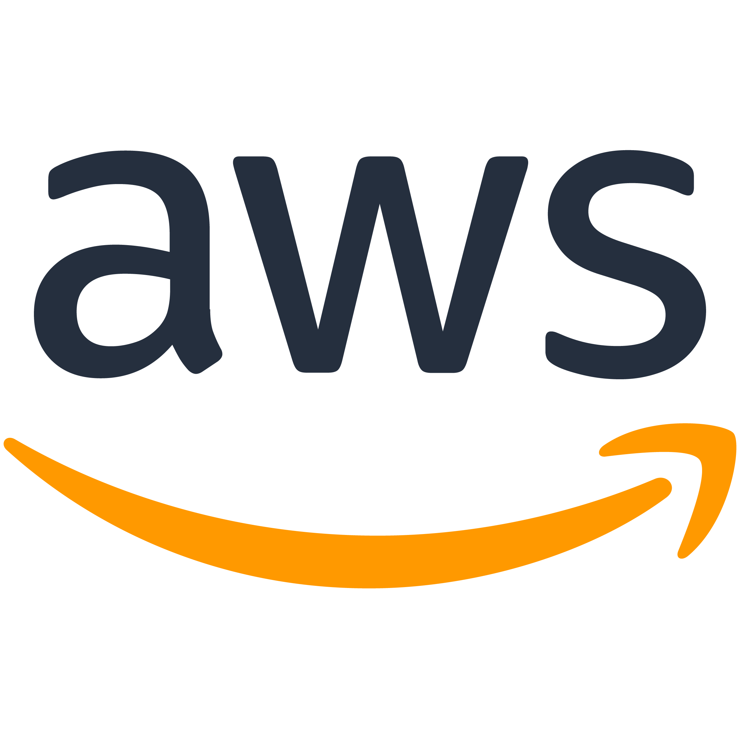 Amazon Web Services (AWS) logo with black background, blue "aws" text and orange curved arrow underneath.