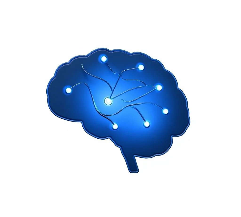 A stylized blue brain with interconnected glowing nodes and wiring, representing neural connections or artificial intelligence.