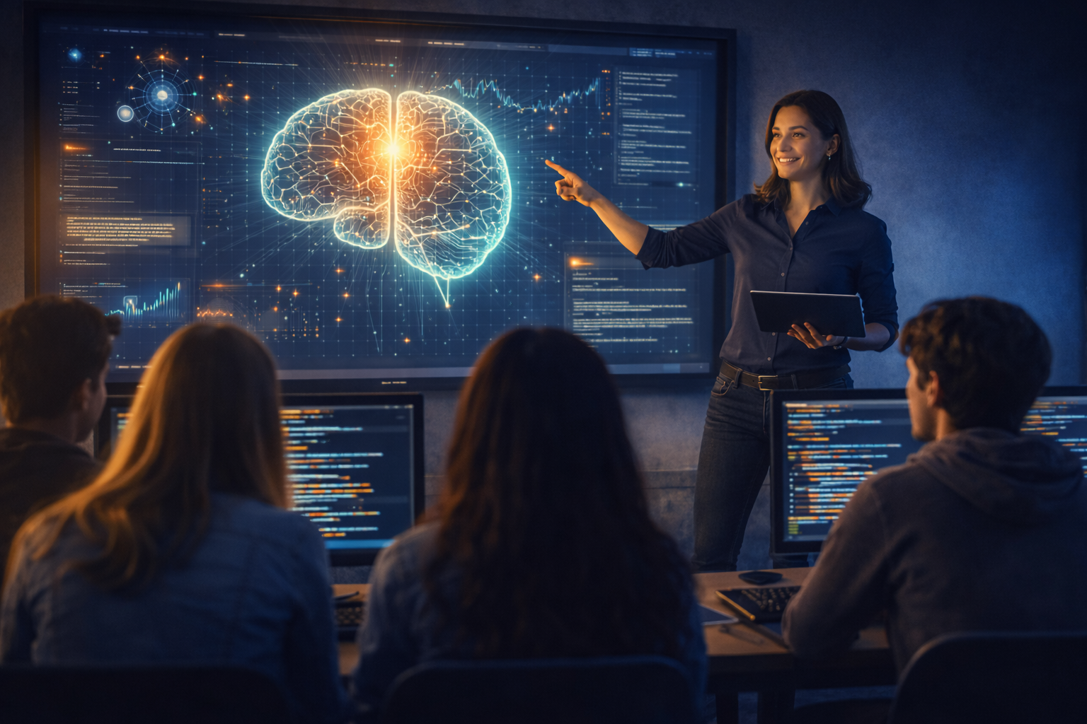 A woman explains a digital brain graphic to a group of people in a dark conference room, with multiple computer screens displaying code.
