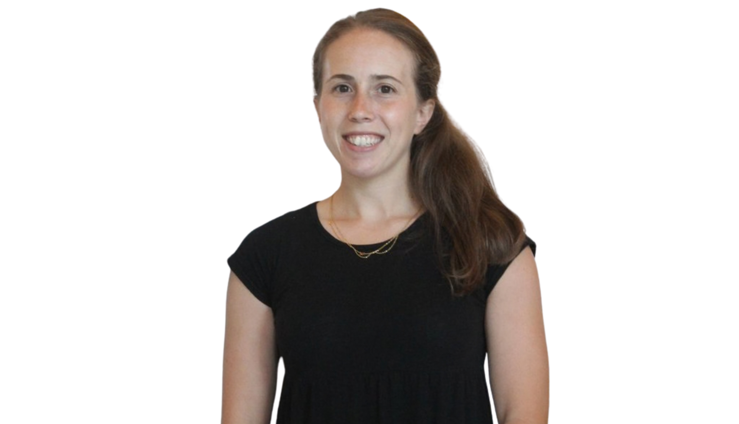 A smiling woman with long brown hair wearing a black t-shirt and a delicate necklace.