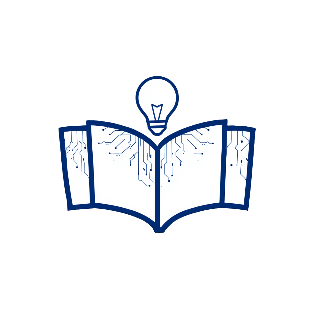 An open book with circuit-like patterns on the pages and a light bulb above it, symbolizing ideas and innovation.