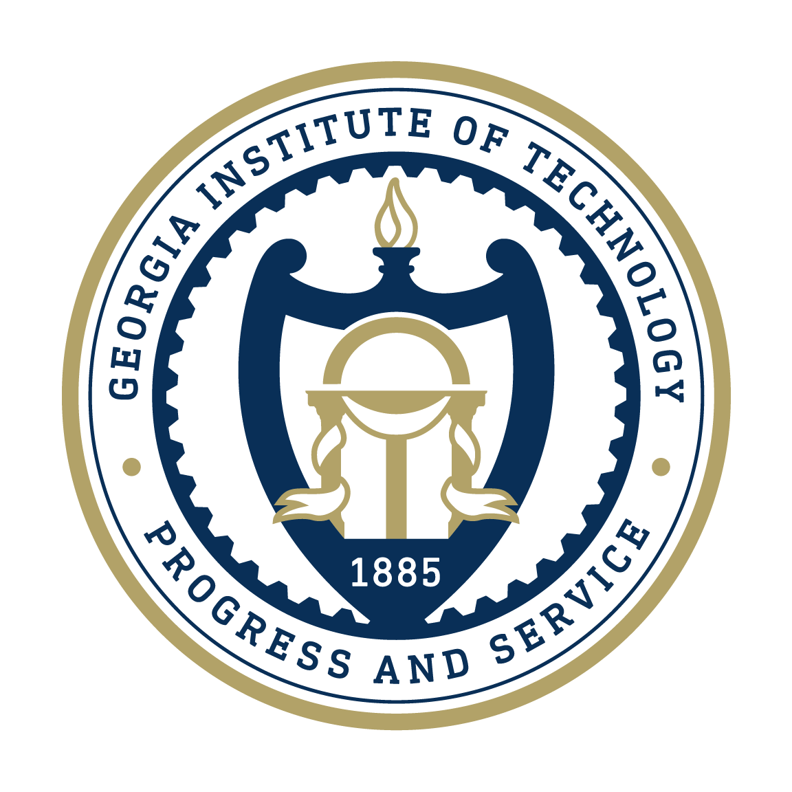 Seal of the Georgia Institute of Technology featuring a torch, gears, and the year 1885, with the words 'Georgia Institute of Technology', 'Progress and Service' encircling it.