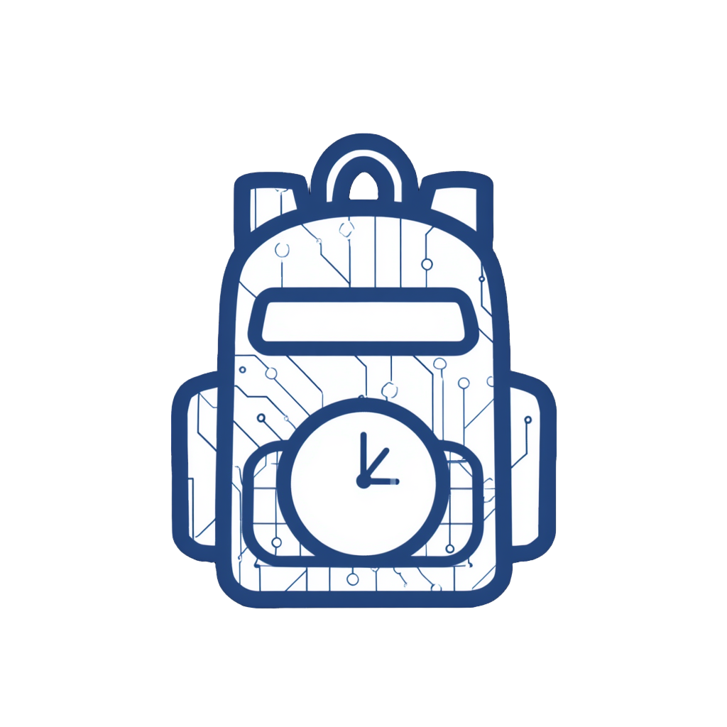 Illustration of a backpack with circuit board design, featuring a digital clock at the bottom center and a rectangular display screen at the top center on a dark background.