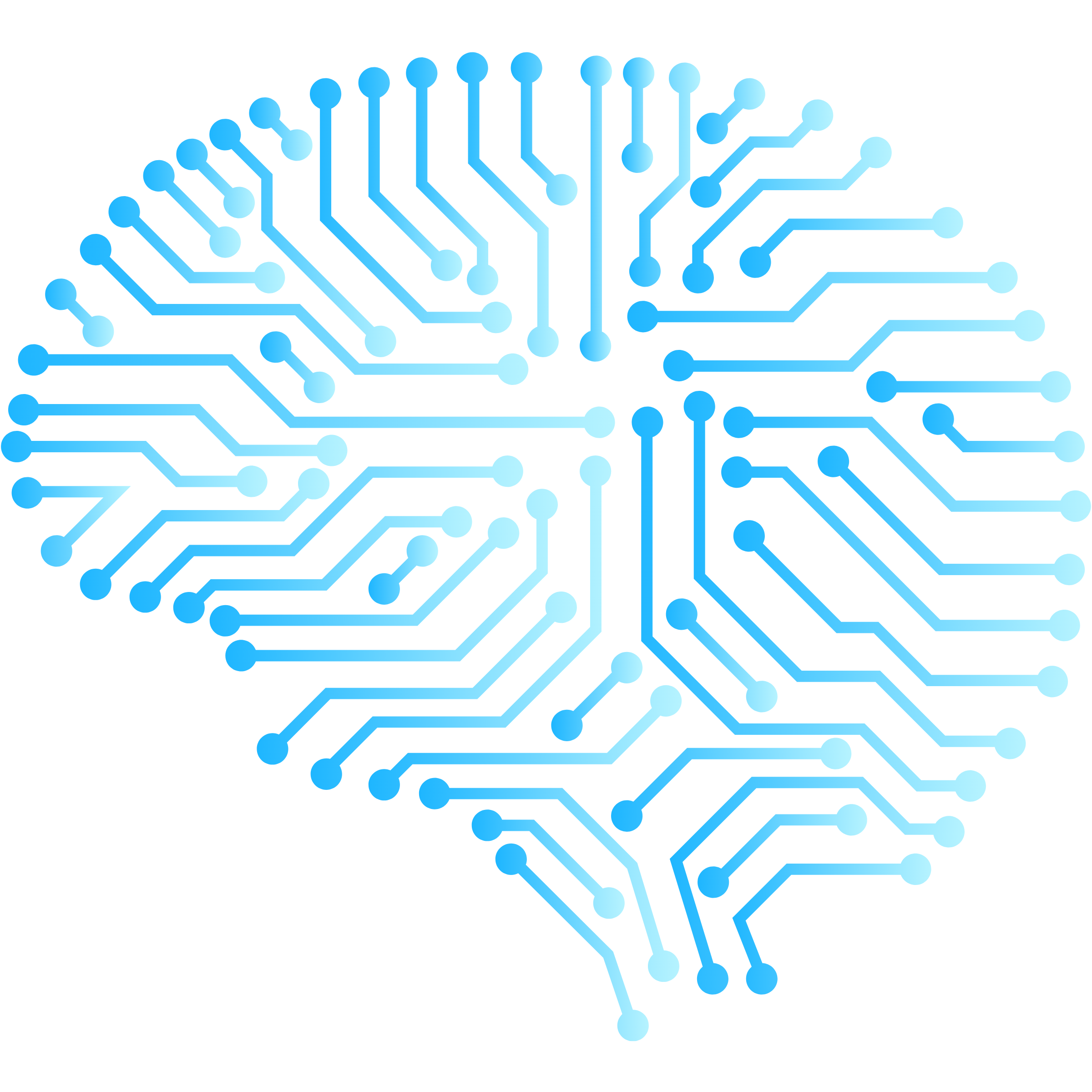 Digital illustration of a stylized human brain composed of interconnected circuit lines in shades of blue on a black background.