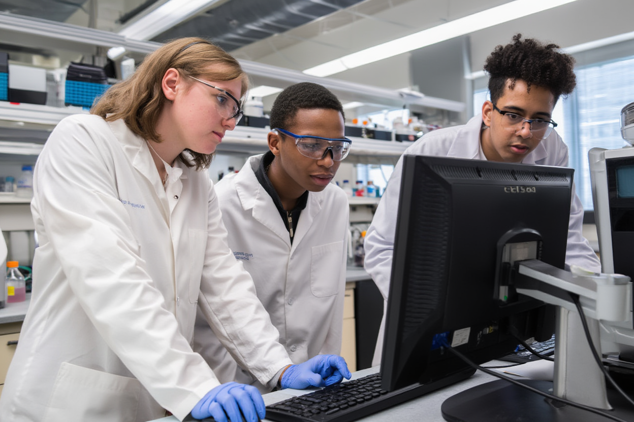 Three scientists in lab coats and safety glasses working together at a laboratory bench, looking at computer screens, with laboratory equipment and shelves in the background.
