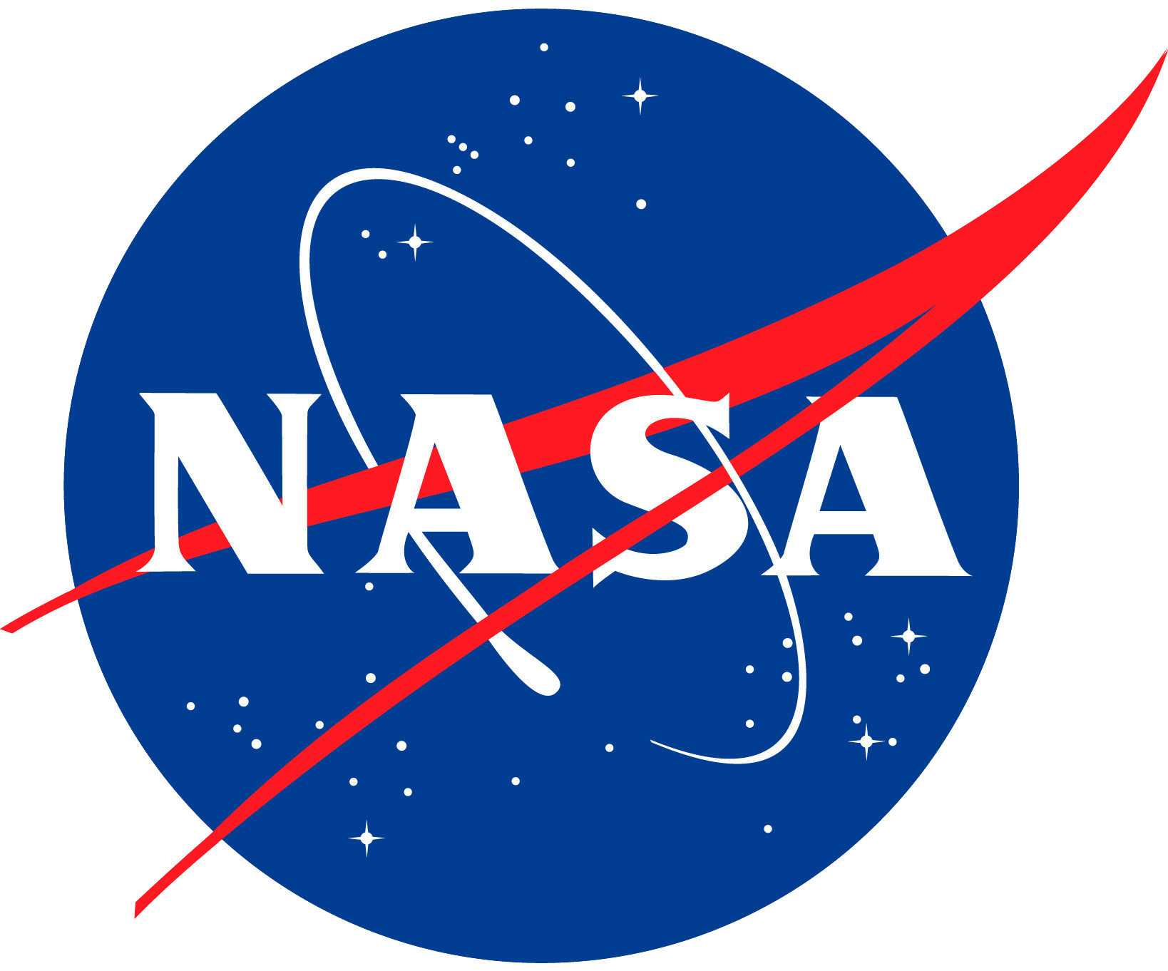 NASA logo with blue circle, white stars, red swoosh, and white text.