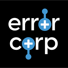 Logo with the words 'error' and 'corp' separated by a plus sign and a small circle, all in white on a black background.