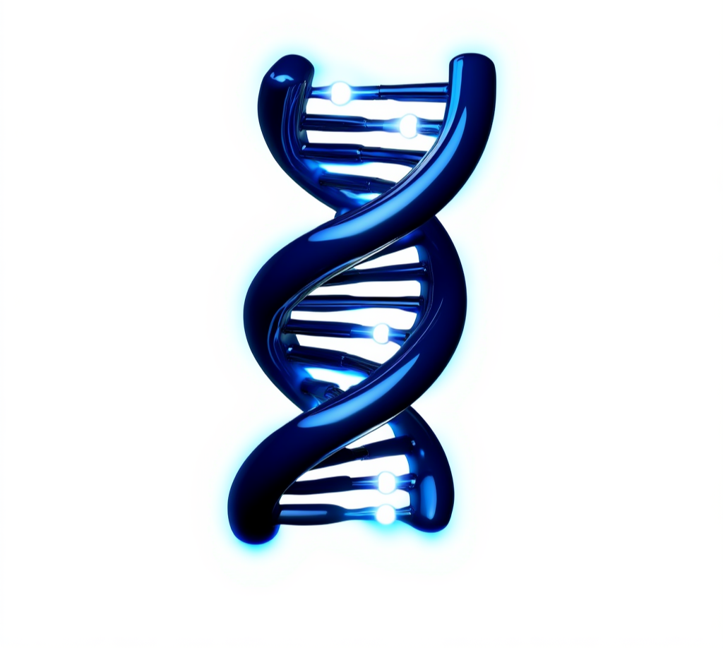 A glowing blue DNA double helix model on a white background.