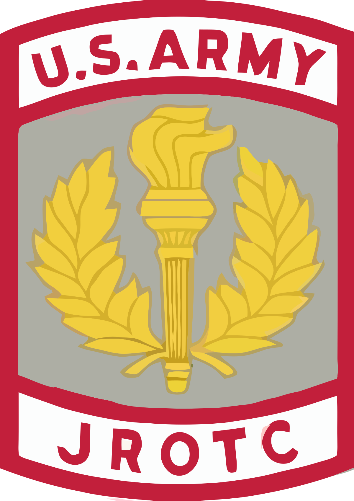 U.S. Army emblem featuring a torch and laurel branches with red and white banners reading 'U.S. Army' and 'JROTC'.