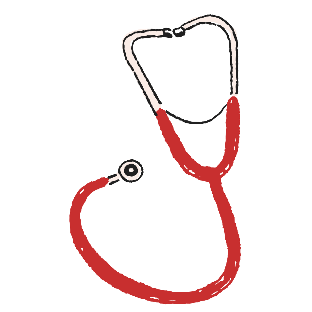 Drawn illustration of a red and gray stethoscope with the chest piece and ear tips visible.