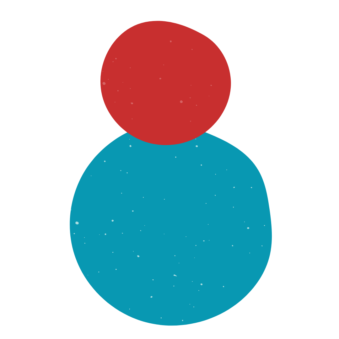 An abstract illustration with a red circle above a larger blue circle, both with small white specks, on a black background.