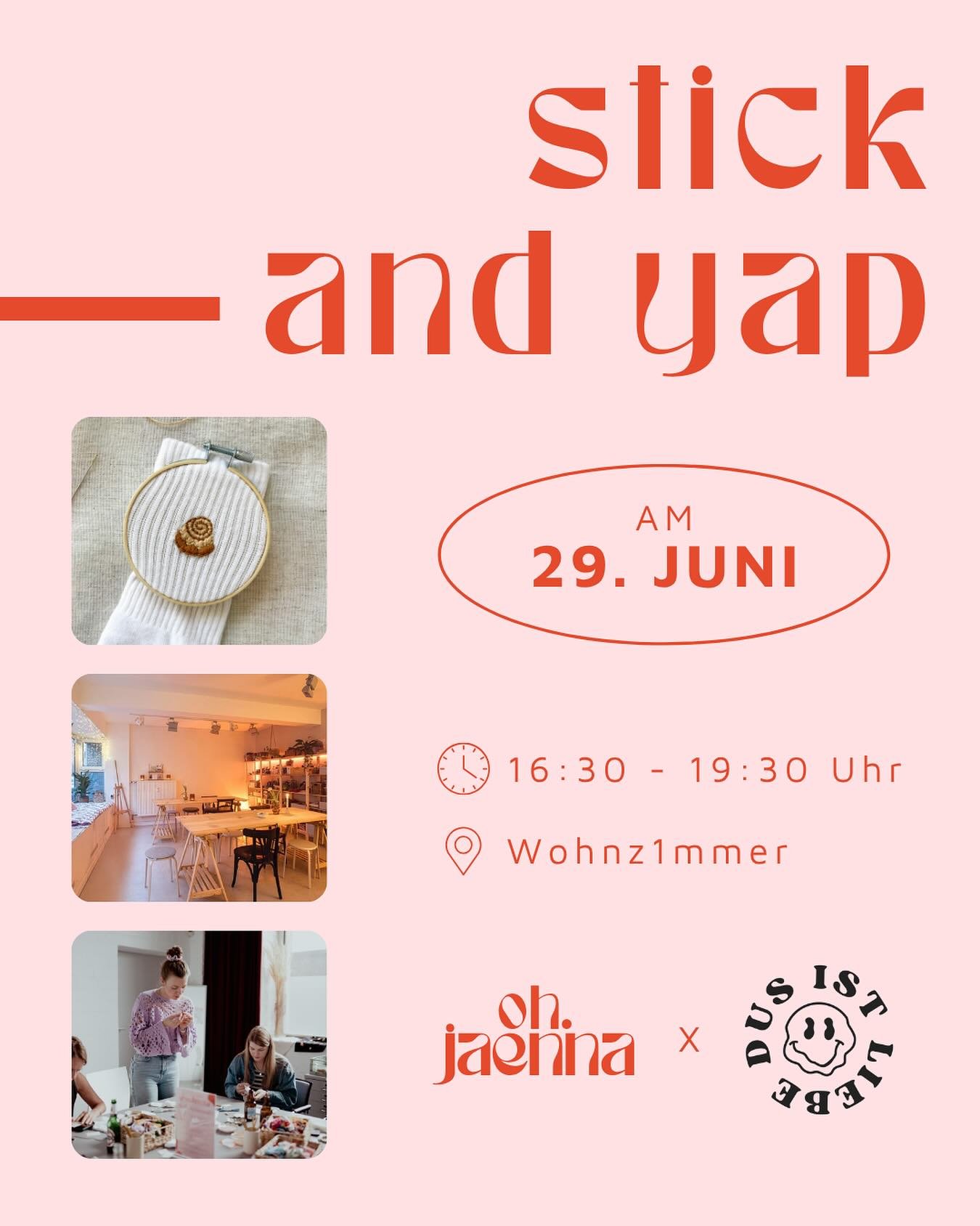 Kreativ sein, neue Mädels kennenlernen und vielleicht ein neues Hobby entdecken? 🫂
Genau das kannst du beim Stick & Yap am 29. Juni im schönen @wohnz1mmer mit @dusistliebe & @oh.jaenna. 🫶🏼
Komm vorbei, lass deiner Kreativit&au